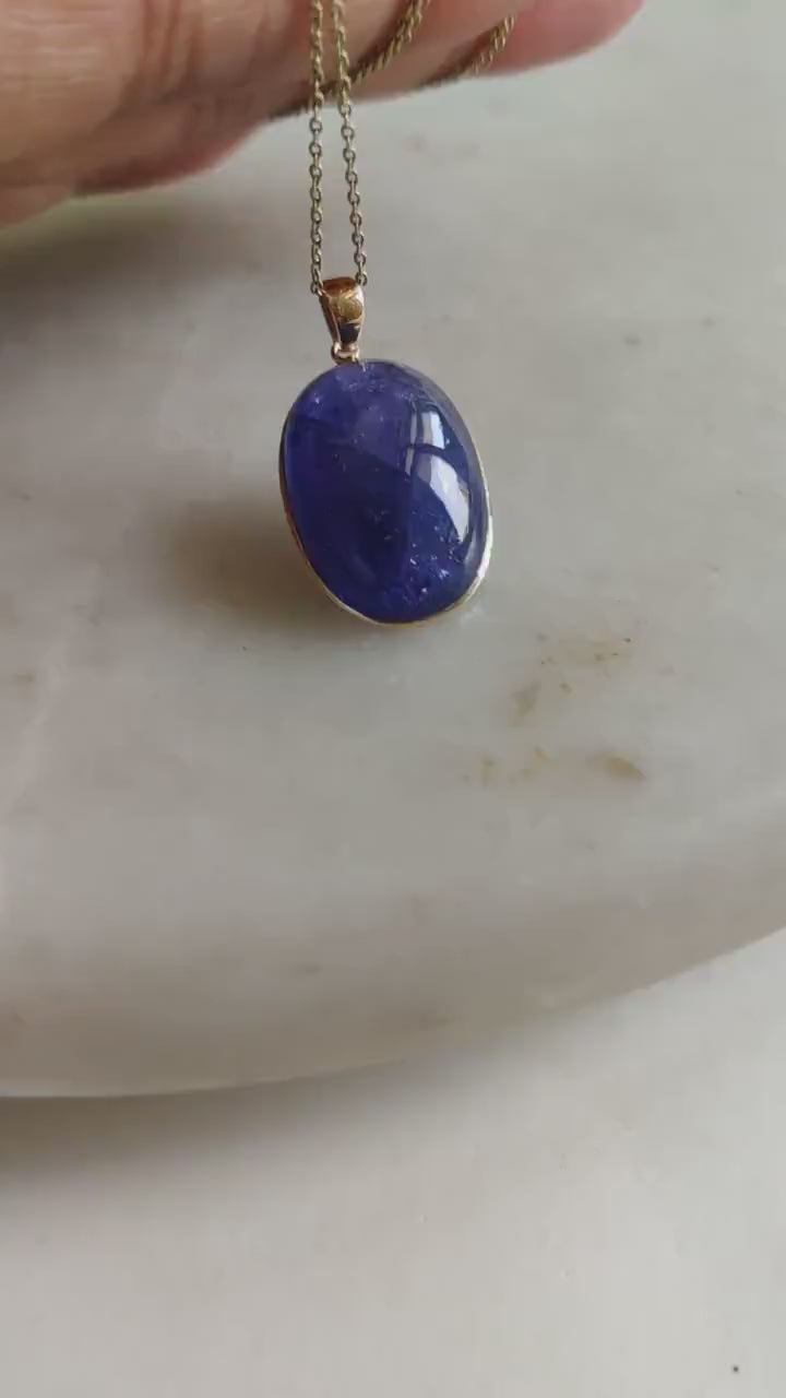 Natural Tanzanite Pendant, 14K Solid Yellow Gold Oval Bezel Pendant, December Birthstone, Christmas Present