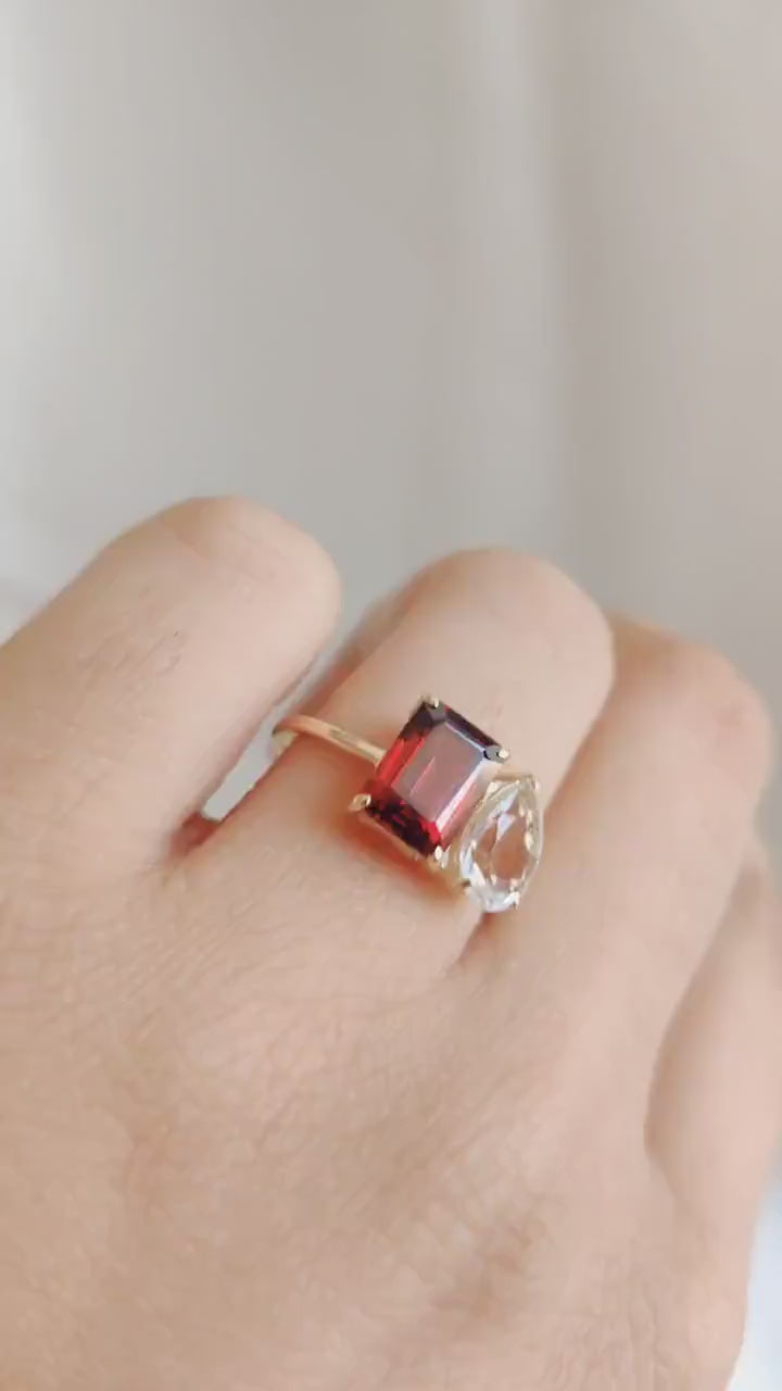Natural Garnet & White Topaz Ring, Toi et Moi Ring, 14K Solid Yellow Gold, Emerald Pear Cut