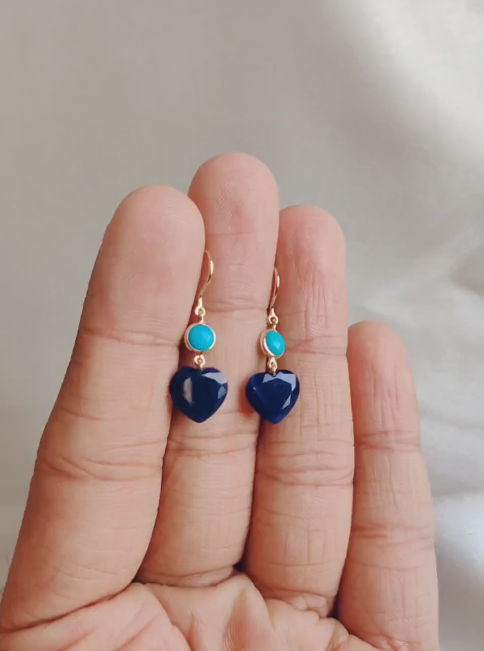14K Solid Yellow Gold Natural Turquoise & Blue Sapphire Heart Earrings, September December Birthstone