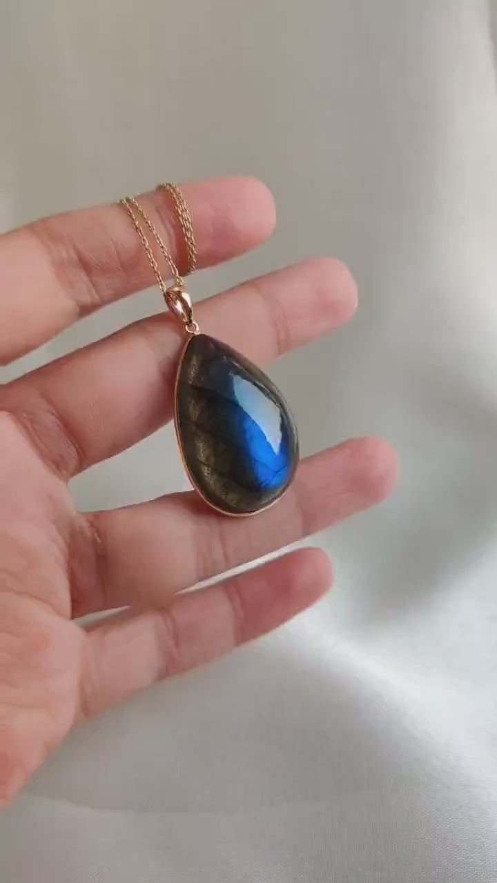 Natural Labradorite Pear Pendant, 14K Solid Yellow Gold Bezel Pendant