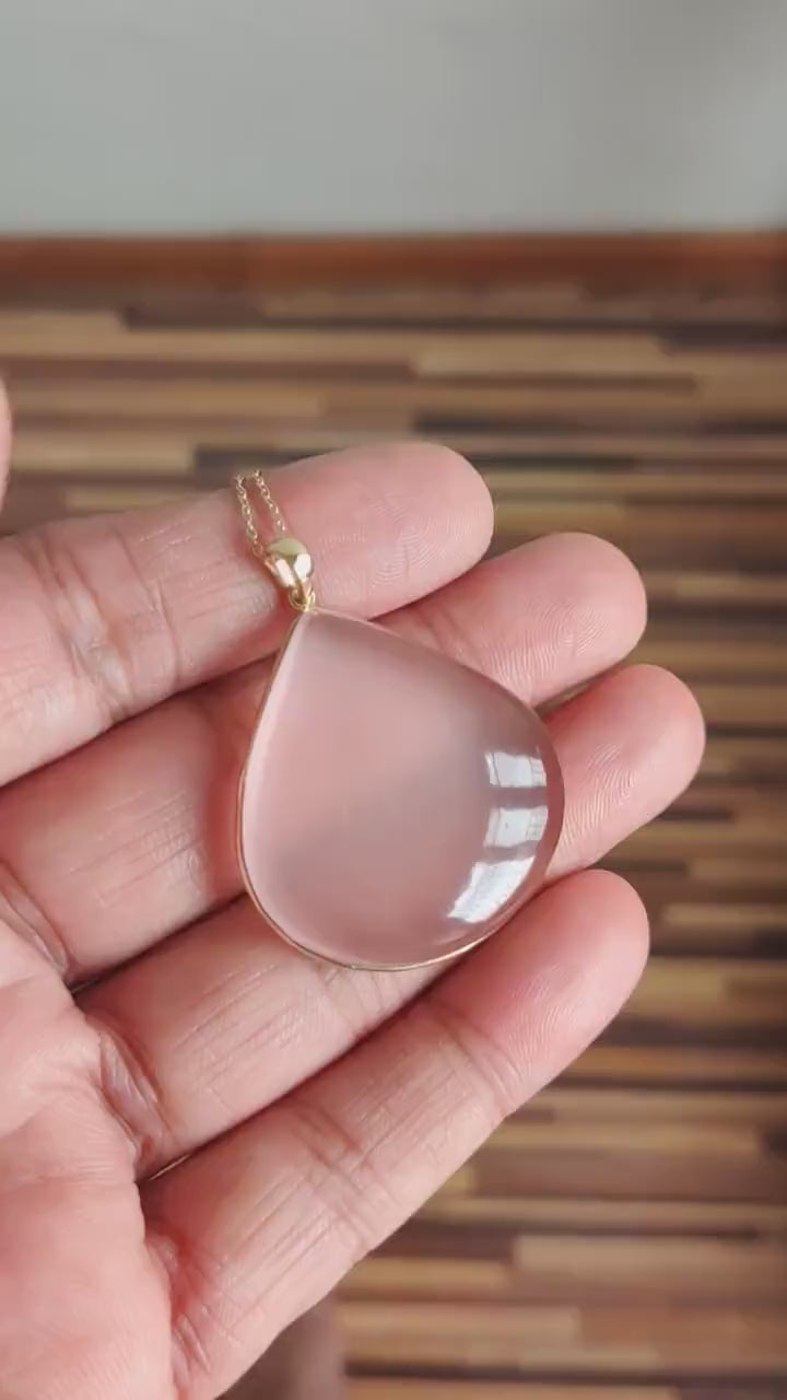 14K Solid Yellow Gold Natural Rose Quartz Pendant, January Birthstone Jewelry, Christmas Present