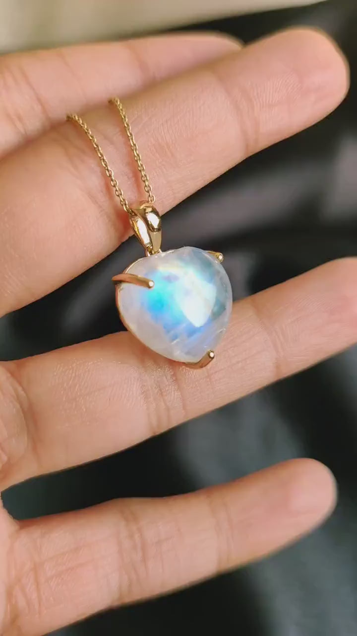 14K Solid Gold Natural Rainbow Moonstone Heart Pendant - June Birthstone