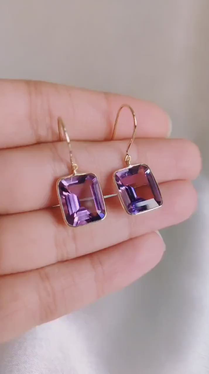 14K Solid Yellow Gold Natural Purple Amethyst Bezel Earrings, February Birthstone