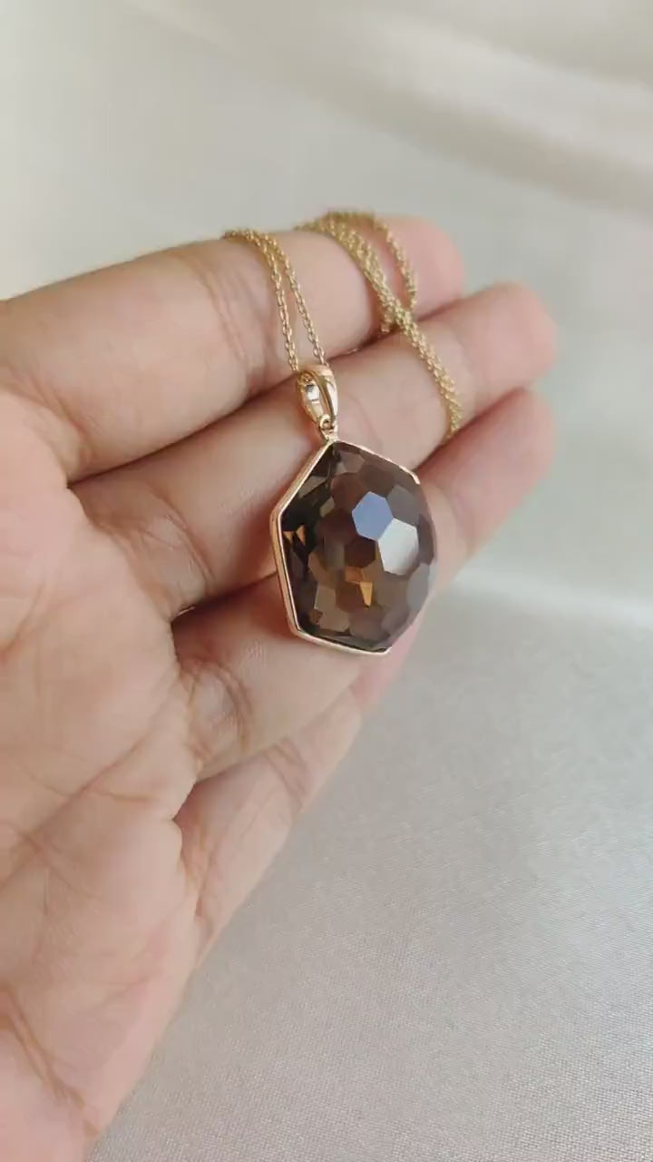 Natural Smoky Quartz Pendant, 14K Solid Yellow Gold Hexagon Football Cut Gemstone