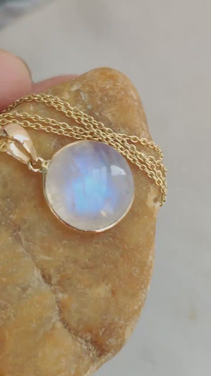 Natural Rainbow Moonstone Round Bezel Pendant, 14K Solid Yellow Gold Bezel, June Birthstone