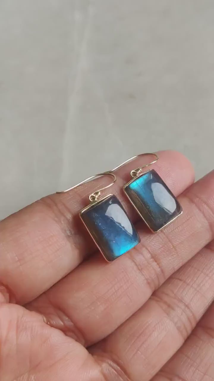 14K Solid Yellow Gold Natural Labradorite Earrings, August Birthstone Jewelry