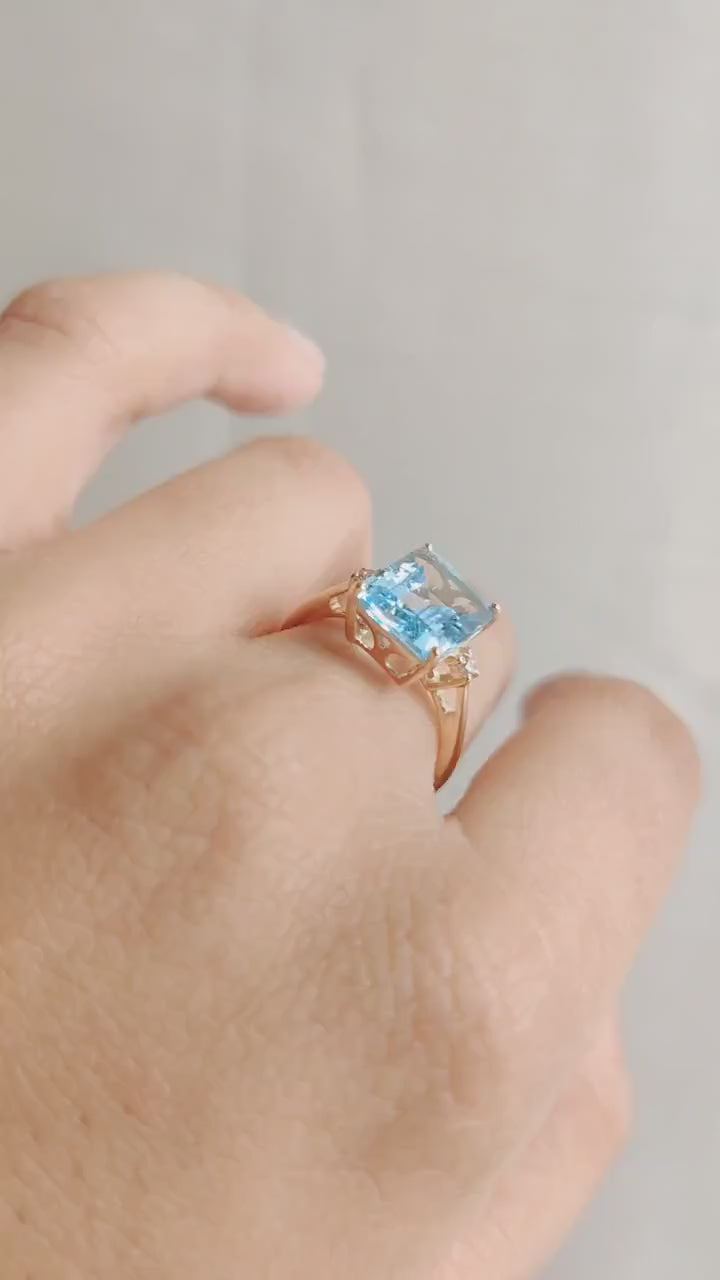 Natural Sky Blue Topaz & Diamond Ring, 14K Solid Yellow Gold December Birthstone