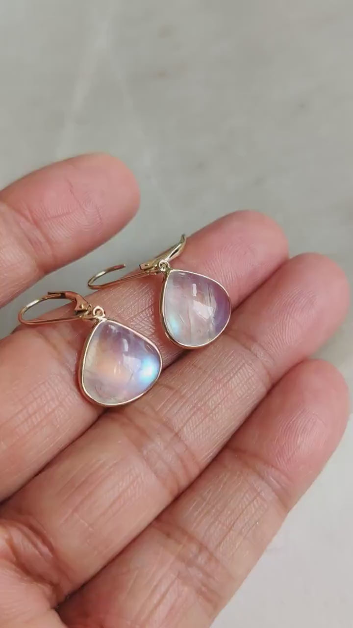 14K Solid Yellow Gold Natural Rainbow Moonstone Trillion Earrings, June Birthstone
