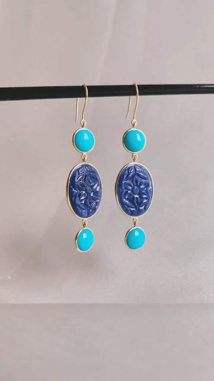 14K Solid Yellow Gold Natural Turquoise & Carving Blue Sapphire Danglers, September Birthstone
