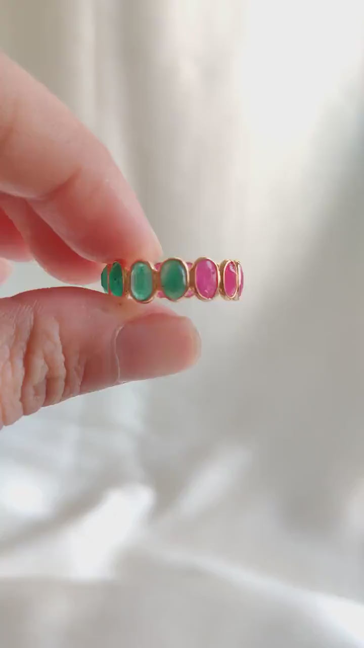 14K Solid Gold Natural Ruby and Emerald Bezel Ring, May July Birthstone Ring, Anniversary Gift, Natural Ruby Emerald Jewelry