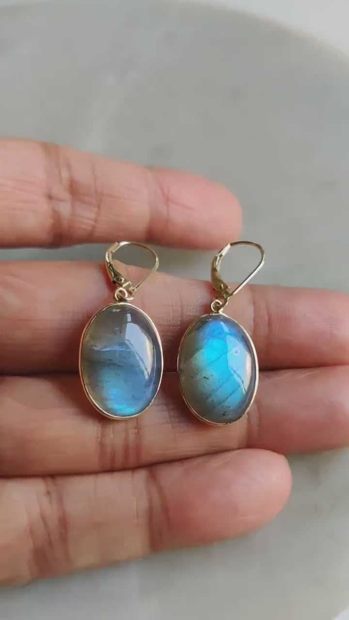 14K Solid Gold Natural Labradorite Drop Earrings, August Birthstone