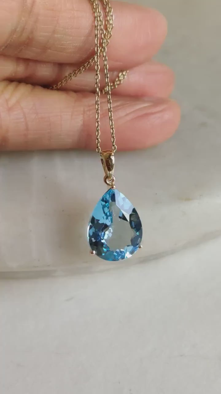 Natural Sky Blue Topaz Pendant, 14K Solid Yellow Gold Pear Gemstone, December Birthstone
