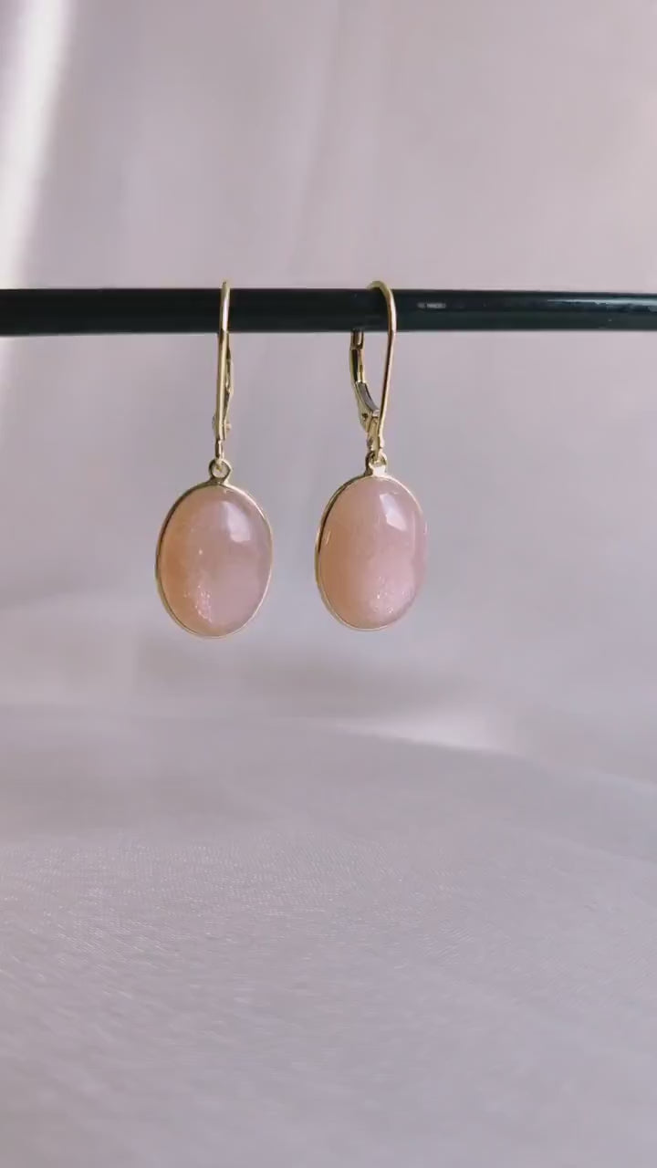 14K Solid Yellow Gold Natural Peach Moonstone Earrings, June Birthstone, Christmas Present