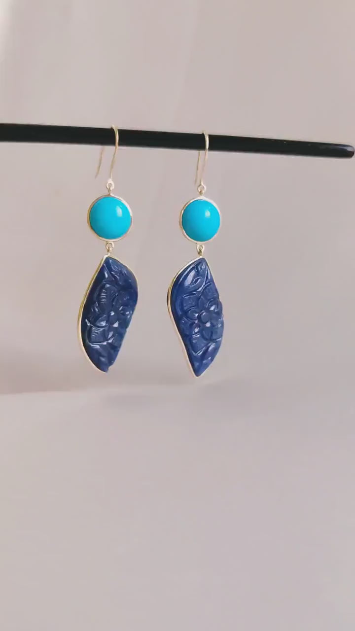 14K Solid Yellow Gold Natural Turquoise & Carving Blue Sapphire Drill Earrings