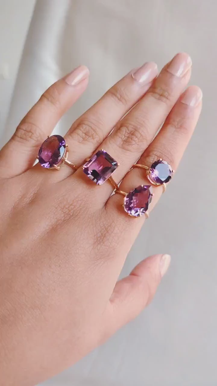 14K Solid Yellow Gold Natural Purple Amethyst Ring: February Birthstone Jewelry, Anniversary Gift