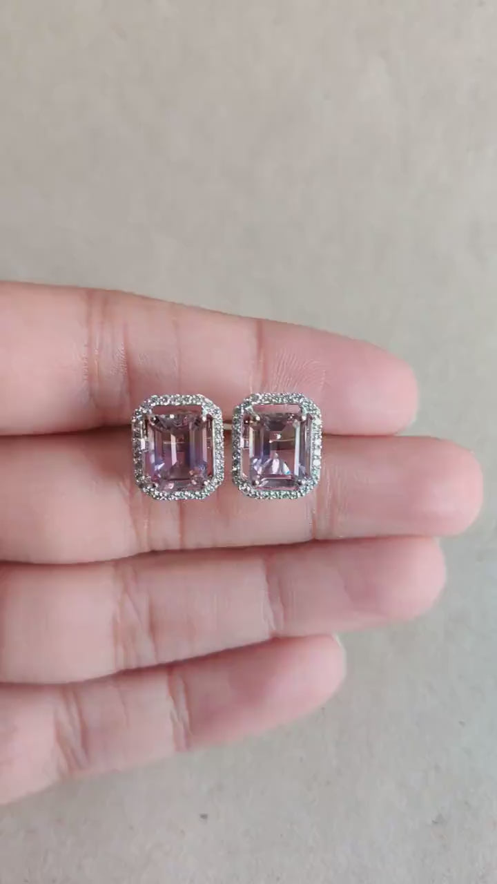 Natural Ametrine & Diamond Earrings, 14K Solid White Gold Earrings, November Birthstone,
