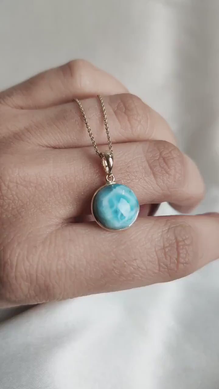 14K Solid Yellow Gold Natural Larimar Pendant: Round Cabochon, February March Birthstone