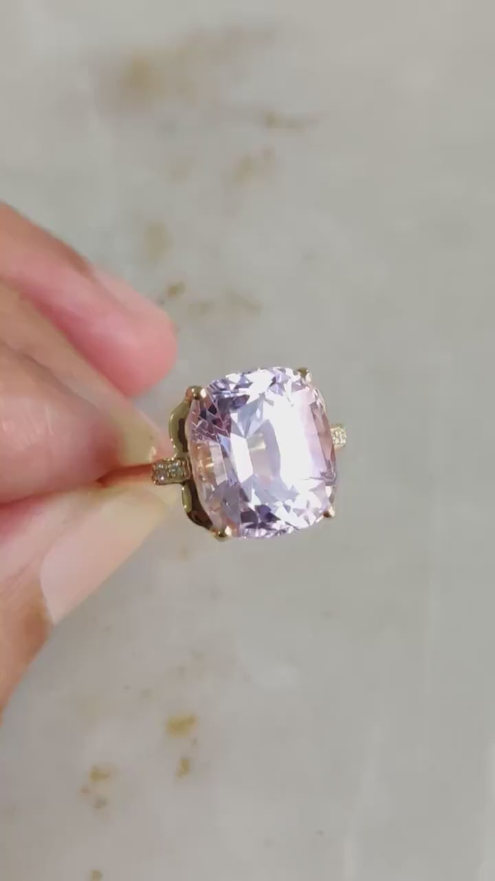 Natural Kunzite & Diamond Ring, 14K Solid Yellow Gold, February Birthstone