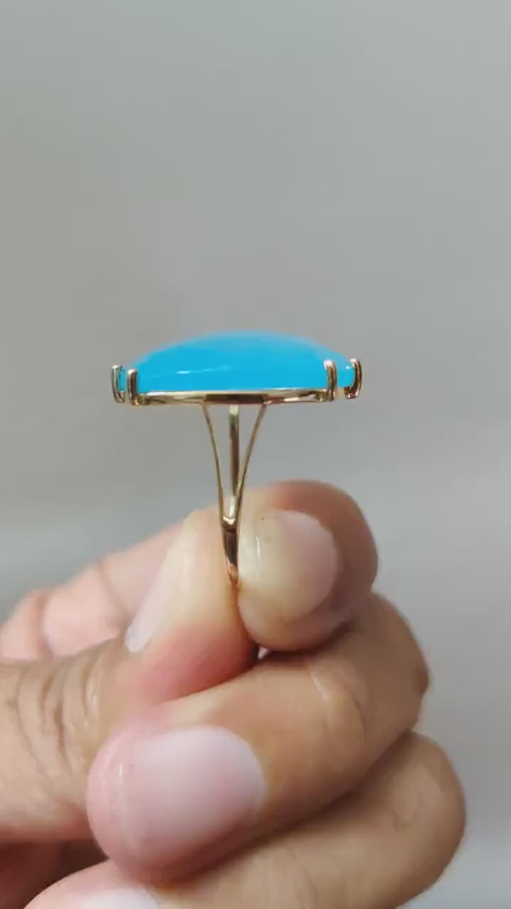 14K Solid Gold Natural Blue Chalcedony Ring: March Birthstone Jewelry