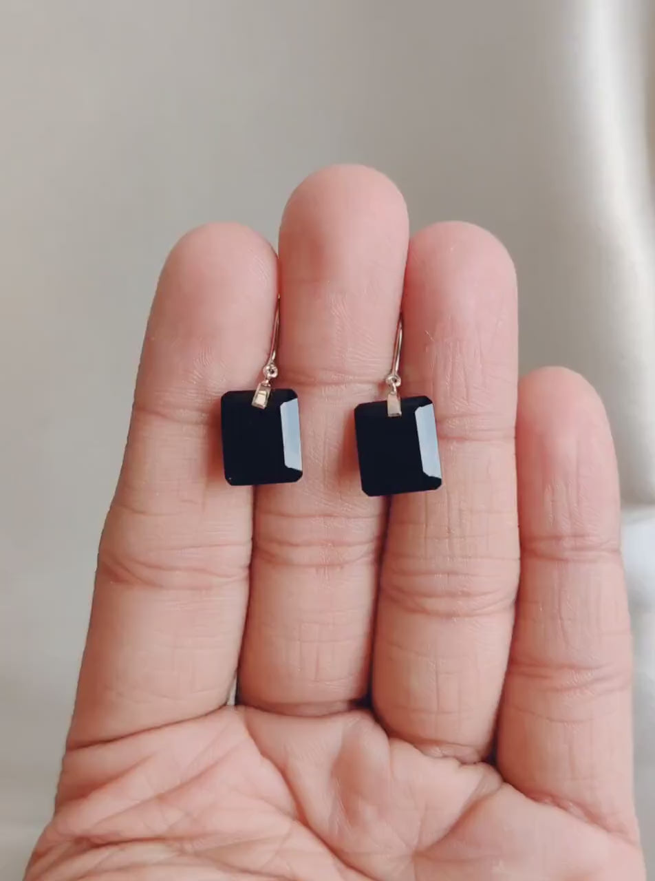 14K Solid White Gold Natural Black Onyx Octagon Drill Earrings, December Birthstone