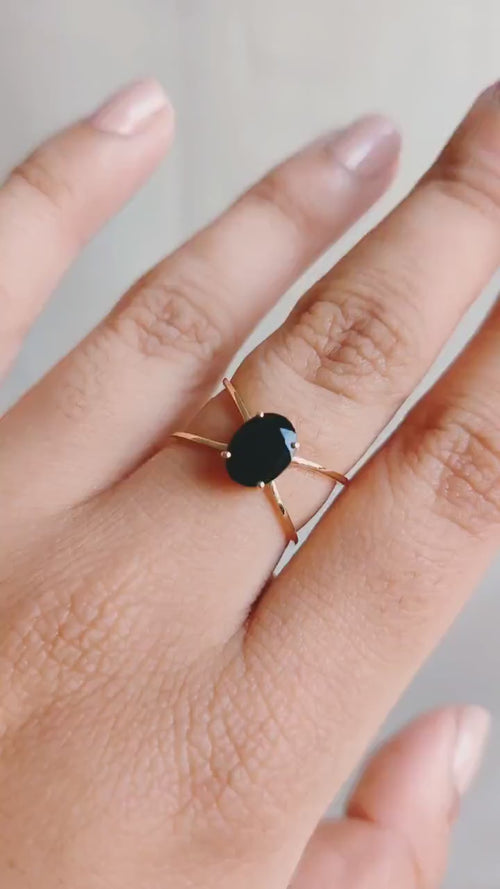 14K Solid Gold Natural Black Onyx Ring: Dainty December Birthstone