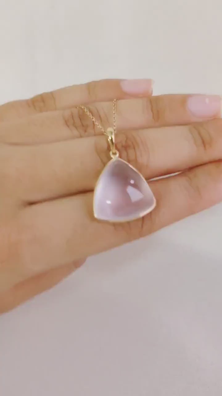Natural Rose Quartz Pendant, 14K Solid Yellow Gold Pendant, Trillion Bezel Set Pendant, January Birthstone, Christmas Present