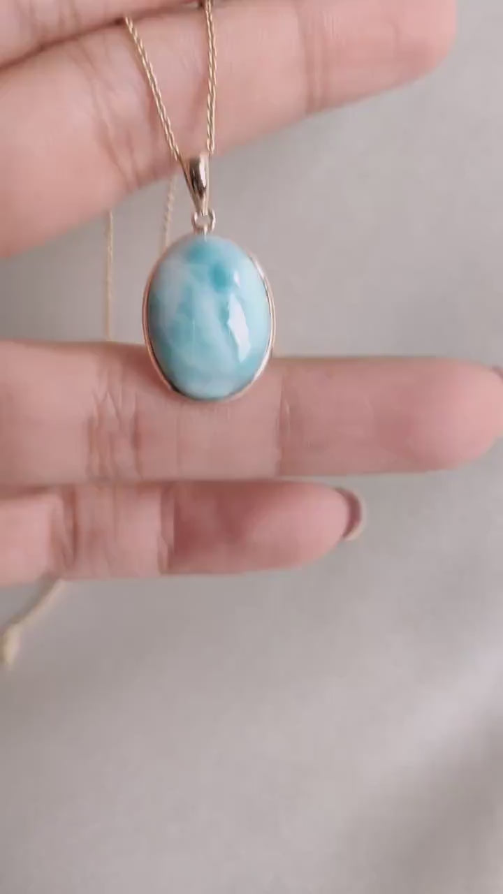 14K Solid Yellow Gold Natural Larimar Pendant: Oval Cabochon, February March Birthstone