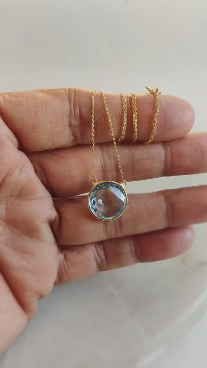 Natural Sky Blue Topaz Chain Necklace, 14K Solid Yellow Gold, December Birthstone