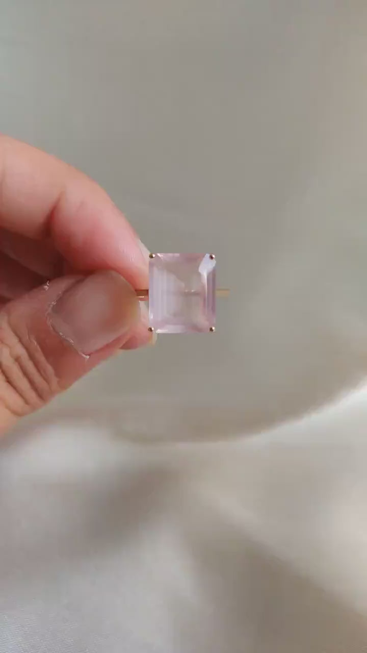 14K Solid Yellow Gold Natural Rose Quartz Ring, Octagon January Birthstone