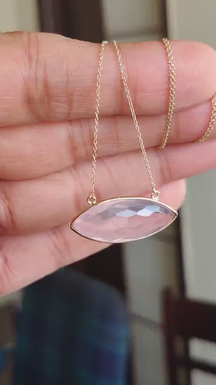 14K Solid Yellow Gold Natural Rose Quartz Marquise Chain Necklace, January Birthstone, Christmas Present