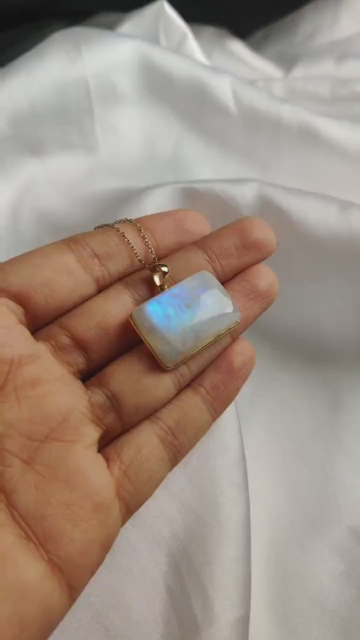Natural Rainbow Moonstone Pendant, 14K Solid Yellow Gold Bezel, June Birthstone