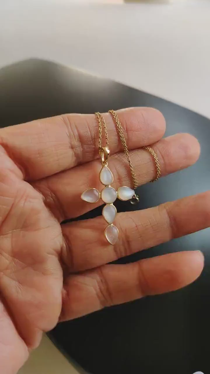 14K Solid Yellow Gold Natural White Moonstone Cross Pendant, June Birthstone