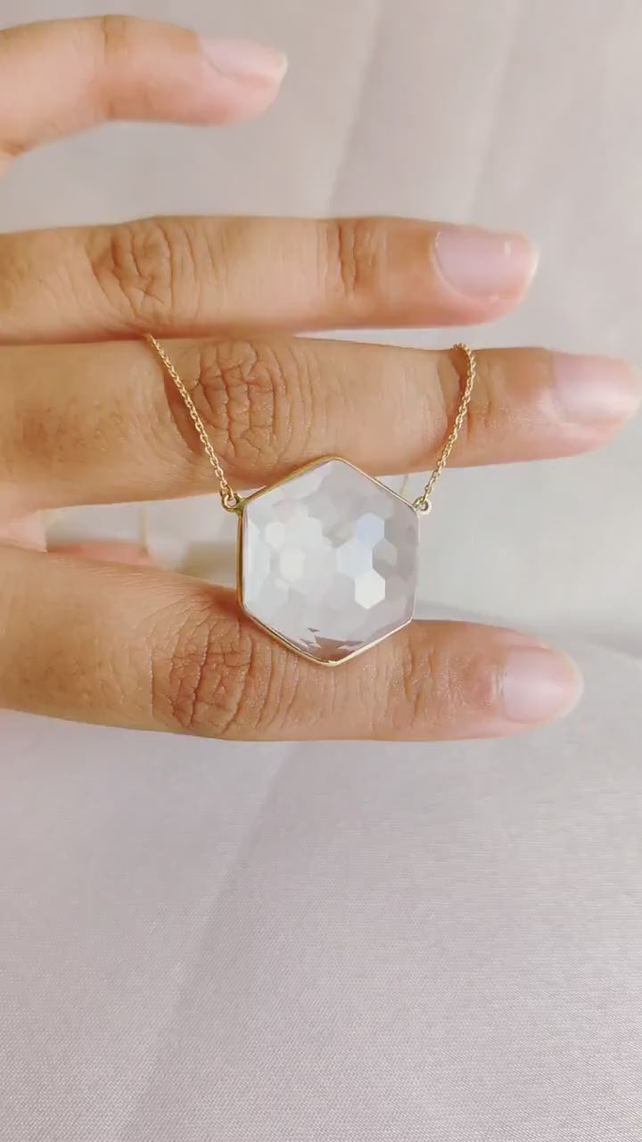 14K Solid Yellow Gold Natural Clear Quartz Hexagon Football Cut Chain Necklace, April Birthstone