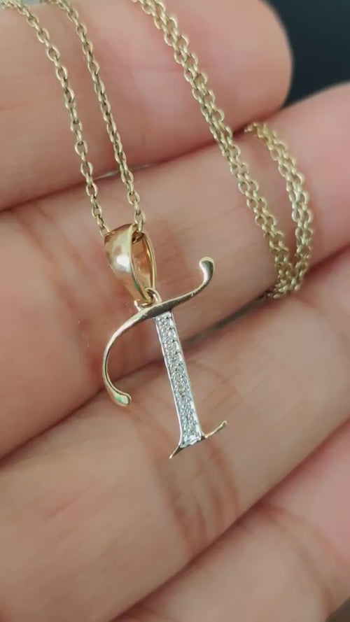 14K Solid Gold Initial T Pendant, Diamond Letter Charm