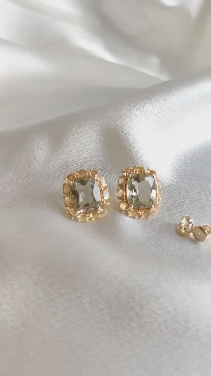 Natural Green Amethyst Citrine Earrings, 14K Solid Yellow Gold Studs
