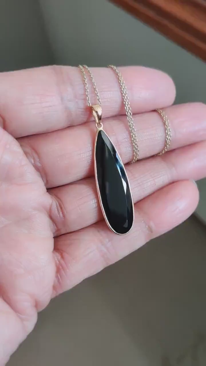 14K Solid Yellow Gold Natural Black Onyx Pear Bezel Pendant, December Birthstone