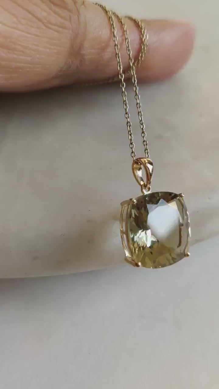 14K Solid Gold Natural Green Amethyst Pendant, February Birthstone