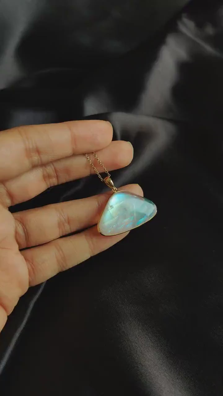14K Solid Yellow Gold Natural Rainbow Moonstone Pendant - June Birthstone
