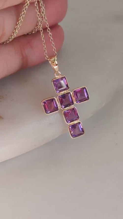 14K Solid Gold Natural Purple Amethyst Cross Pendant, February Birthstone