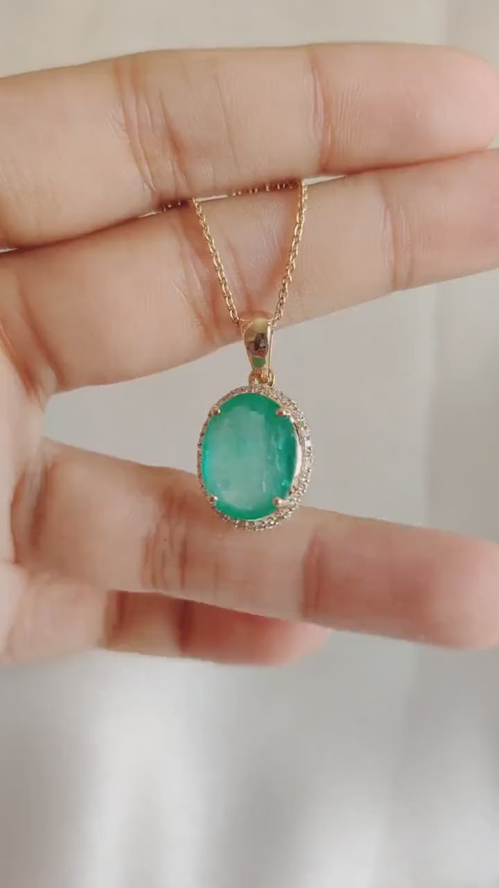 Natural Emerald & Diamond 14K Solid Yellow Gold Pendant: May Birthstone Jewelry
