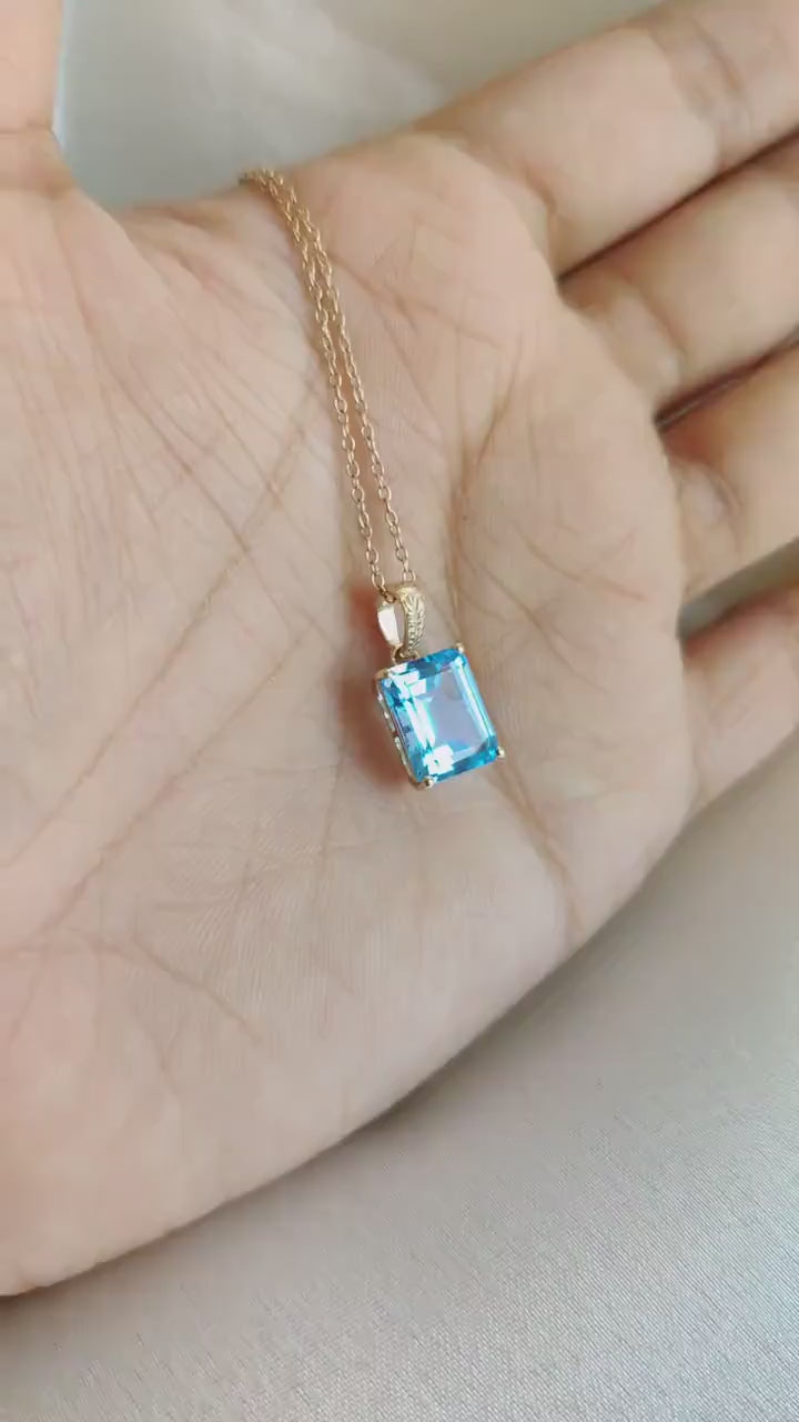 Natural Swiss Blue Topaz Pendant, 14K Solid Yellow Gold, December Birthstone
