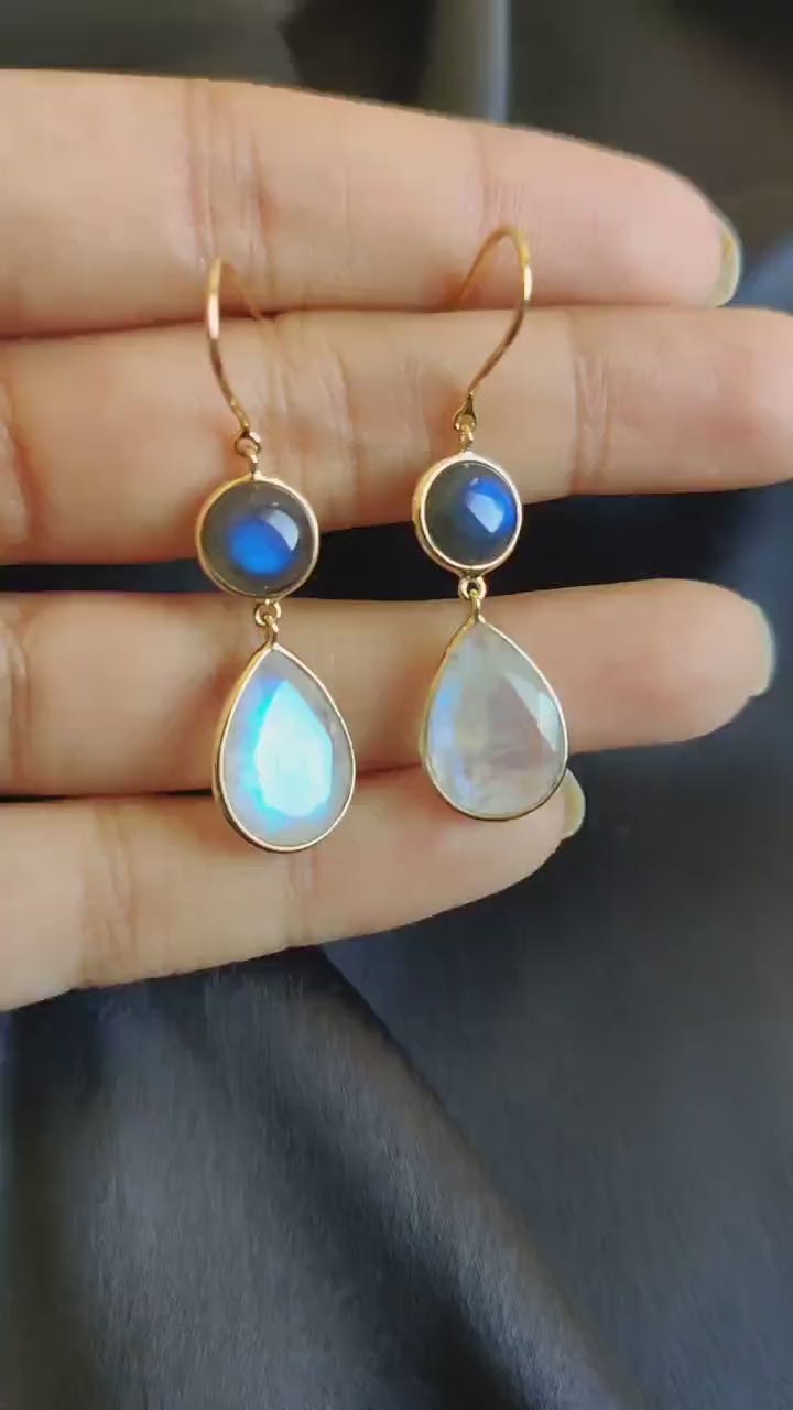 14K Solid Gold Natural Labradorite & Rainbow Moonstone Dangle Earrings, November Birthstone