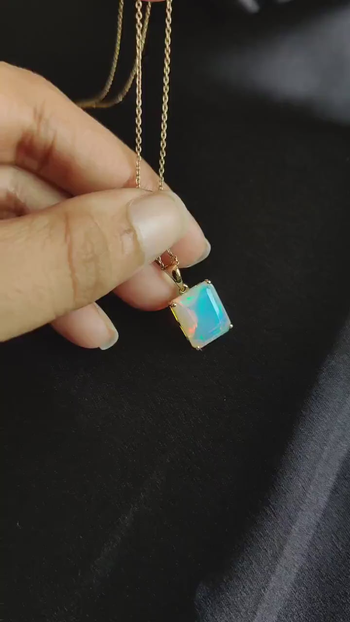 Natural Ethiopian Opal Pendant: 14K Solid Yellow Gold Octagon, October Birthstone