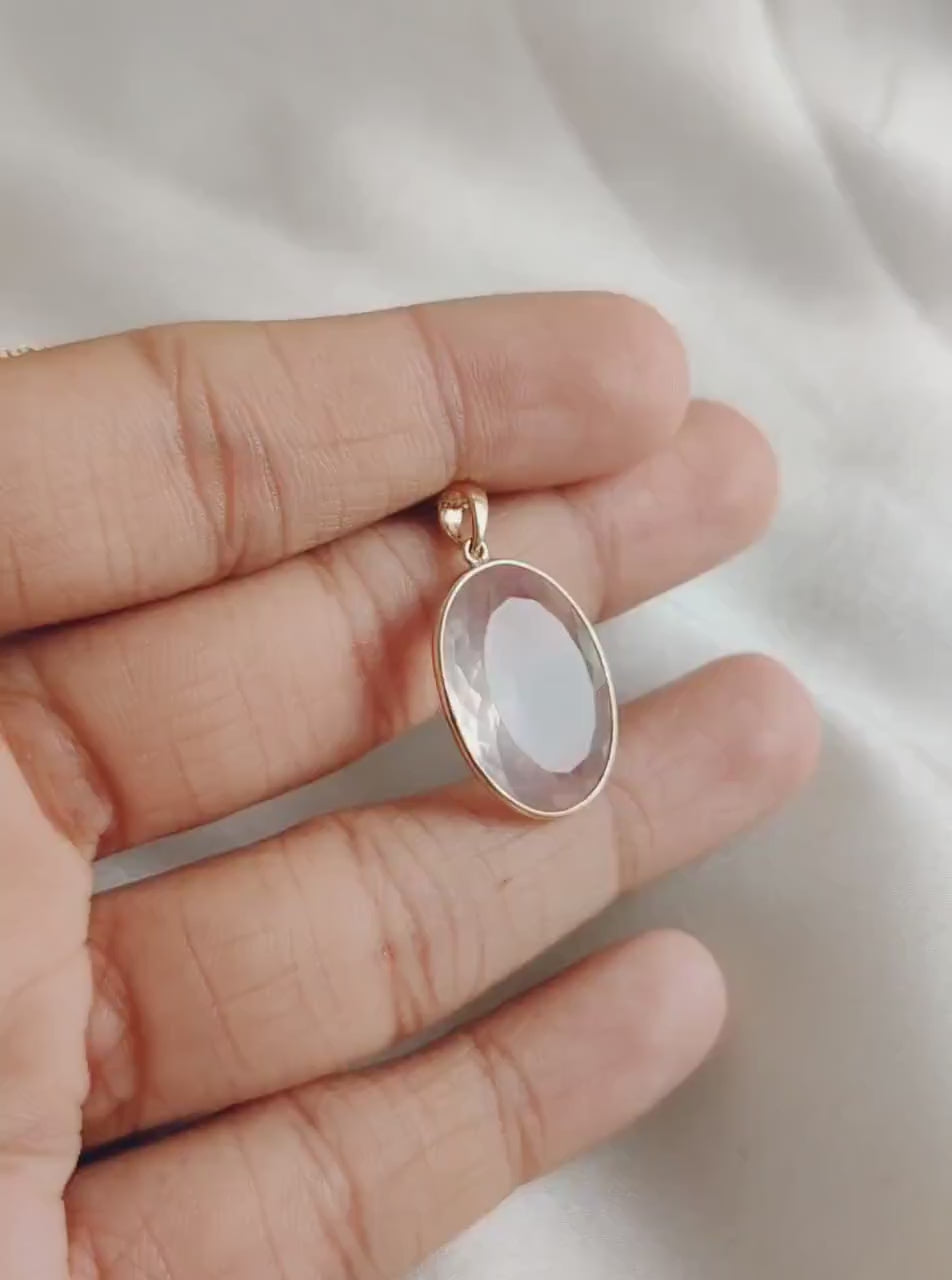 14K Solid Yellow Gold Natural Rose Quartz Bezel Pendant, January Birthstone
