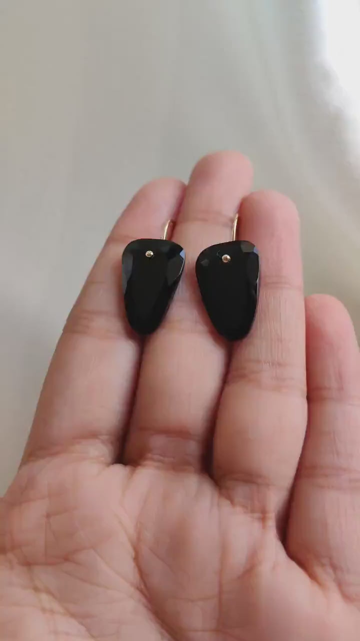 14K Solid Yellow Gold Natural Black Onyx Fancy Drill Earrings, December Birthstone