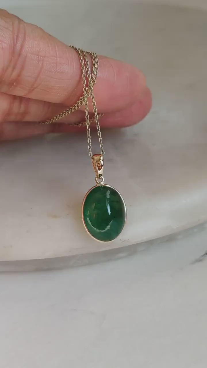 Natural Emerald Pendant, 14K Solid Yellow Gold Bezel Pendant, May Birthstone