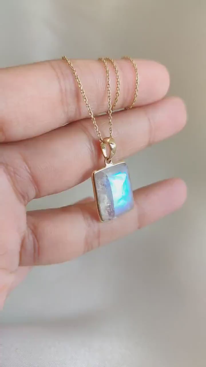 14K Solid Gold Natural Rainbow Moonstone Pendant, June Birthstone Jewelry