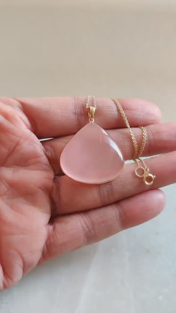 Natural Rose Quartz Pendant, 14K Solid Yellow Gold Bezel Pendant, January Birthstone