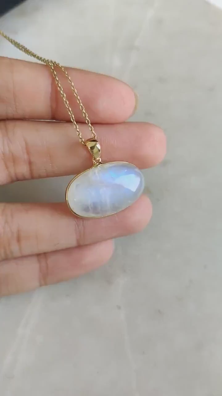14K Solid Yellow Gold Natural Rainbow Moonstone Pendant, June Birthstone