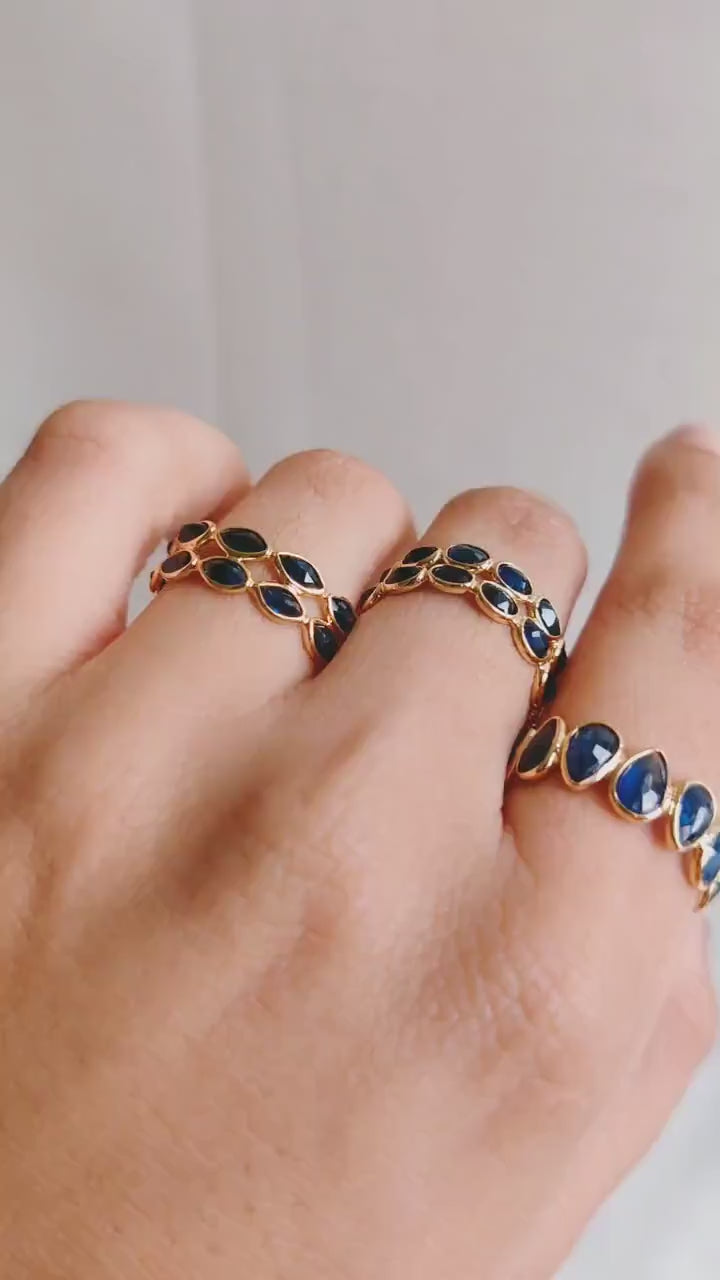 Natural Pear Cut Blue Sapphire Eternity Ring, 14K Solid Yellow Gold, Christmas Gift